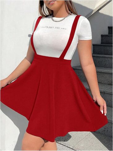OYOANGLE Women's Plus Size Suspender Skirt High Waist Ruffle Hem Straps Overall Pinafore Dress in Kuwait