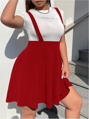 OYOANGLE Women's Plus Size Suspender Skirt High Waist Ruffle Hem Straps Overall Pinafore Dress in Kuwait
