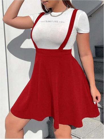 OYOANGLE Women's Plus Size Suspender Skirt High Waist Ruffle Hem Straps Overall Pinafore Dress in Kuwait