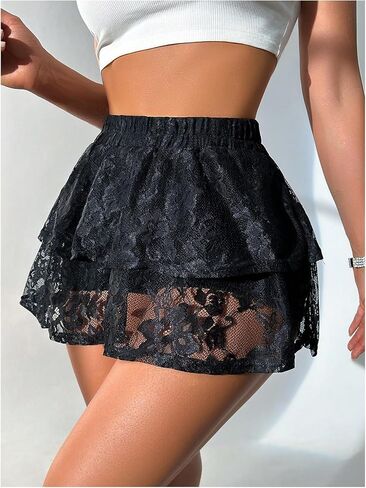 GORGLITTER Women's Lace High Waist Mini Skirt Ruffle Pleated Short Skirt in Saudi Arabia