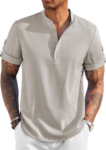 COOFANDY Men's Casual Henley Shirt Short Sleeve Band Collar Linen Shirt Summer Beach Hippie T-Shirts in Saudi Arabia