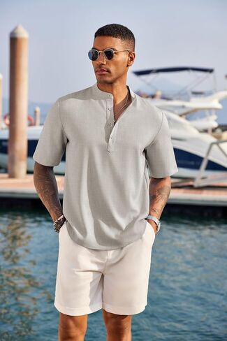 COOFANDY Men's Casual Henley Shirt Short Sleeve Band Collar Linen Shirt Summer Beach Hippie T-Shirts in Saudi Arabia