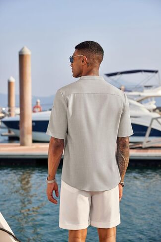 COOFANDY Men's Casual Henley Shirt Short Sleeve Band Collar Linen Shirt Summer Beach Hippie T-Shirts in Saudi Arabia