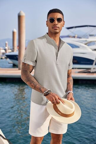 COOFANDY Men's Casual Henley Shirt Short Sleeve Band Collar Linen Shirt Summer Beach Hippie T-Shirts in Saudi Arabia