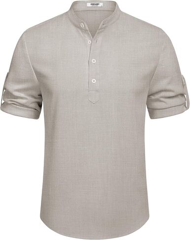 COOFANDY Men's Casual Henley Shirt Short Sleeve Band Collar Linen Shirt Summer Beach Hippie T-Shirts in Saudi Arabia