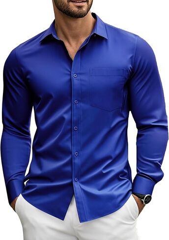 Barry.Wang Mens Stretch Dress Shirts Solid Long Sleeve Button Down Shirts Formal Casual Business Prom Party Wedding in Saudi Arabia
