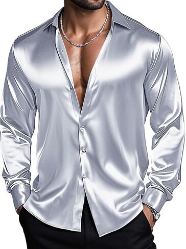 Barry.Wang Mens Stretch Dress Shirts Solid Long Sleeve Button Down Shirts Formal Casual Business Prom Party Wedding in Saudi Arabia
