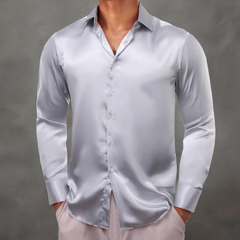 Barry.Wang Mens Stretch Dress Shirts Solid Long Sleeve Button Down Shirts Formal Casual Business Prom Party Wedding in Saudi Arabia