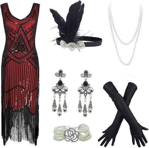 20s Flapper Gatsby Sequin Beaded Evening Cocktail Dress with Accessories Set in Saudi Arabia