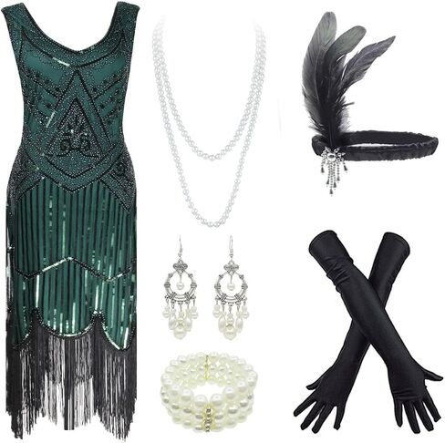 20s Flapper Gatsby Sequin Beaded Evening Cocktail Dress with Accessories Set in Saudi Arabia