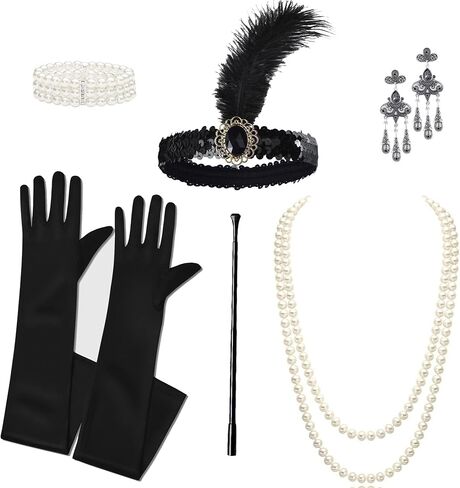 UTOWO 1920s Flapper Accessories Set Party Costume for Women 20s Headpiece Pearl Necklace Gloves Halloween Party in Saudi Arabia