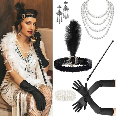 UTOWO 1920s Flapper Accessories Set Party Costume for Women 20s Headpiece Pearl Necklace Gloves Halloween Party in Saudi Arabia