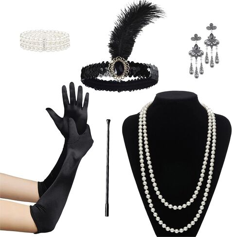 UTOWO 1920s Flapper Accessories Set Party Costume for Women 20s Headpiece Pearl Necklace Gloves Halloween Party in Saudi Arabia