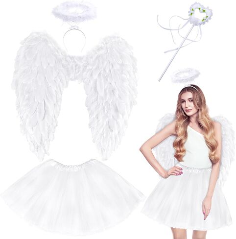 Yezmo Angel Wings، زي الملاك للنساء والفتيات البالغات إكسسوارات الملاك مع تنورة توتو وعصابة رأس هالة للحفلات التنكرية in Saudi Arabia