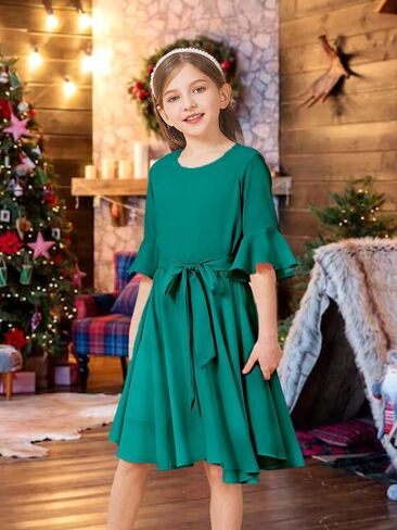 Girls Bell Sleeve Dresses Belt Formal Fit Knee High Modest Big Kids Midi Cap Shoulder Teen Casual Dresses for Girls in Kuwait