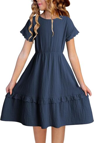 blibean Girls Cotton Short Sleeve Dresses Lace Semi Formal Dress Size 6-15 Years in Kuwait