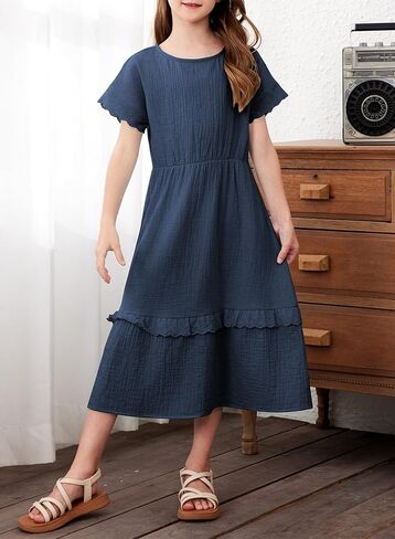 blibean Girls Cotton Short Sleeve Dresses Lace Semi Formal Dress Size 6-15 Years in Kuwait