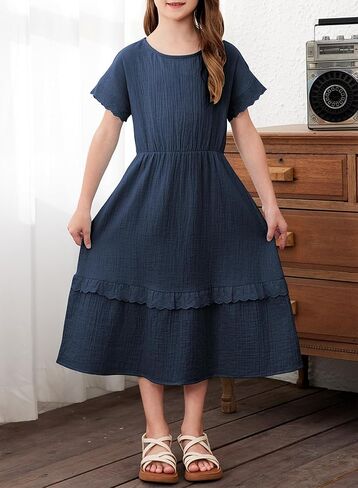 blibean Girls Cotton Short Sleeve Dresses Lace Semi Formal Dress Size 6-15 Years in Kuwait