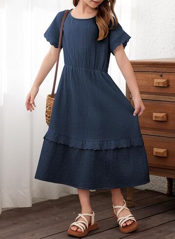 blibean Girls Cotton Short Sleeve Dresses Lace Semi Formal Dress Size 6-15 Years in Kuwait