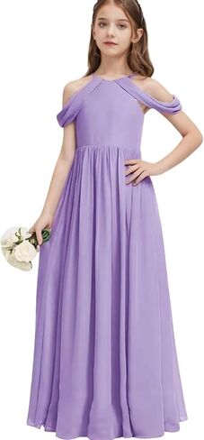 فستان طويل للفتيات على شكل حرف a لوصيفات العروس الصغيرة فساتين فتاة الزهور فستان شيفون مكشوف الكتفين لمهرجان الزفاف in Kuwait