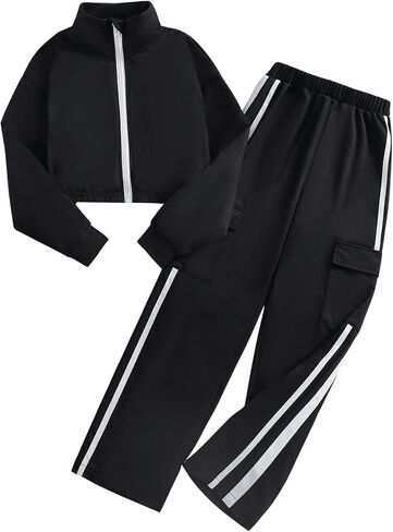 Floerns Girl's 2 Piece Outfit Zip Up Long Sleeve Sweatshirt with Cargo Pants Tracksuit Set in Saudi Arabia