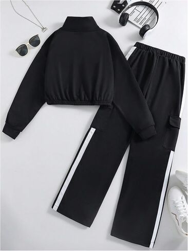 Floerns Girl's 2 Piece Outfit Zip Up Long Sleeve Sweatshirt with Cargo Pants Tracksuit Set in Saudi Arabia
