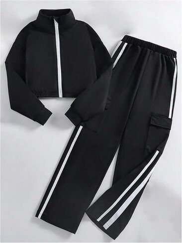 Floerns Girl's 2 Piece Outfit Zip Up Long Sleeve Sweatshirt with Cargo Pants Tracksuit Set in Saudi Arabia