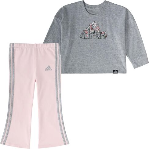 adidas Girls' 2-Piece Long Sleeve Graphic Tee & Flare Pant Set, Grey Heather Pink, 18M in Saudi Arabia