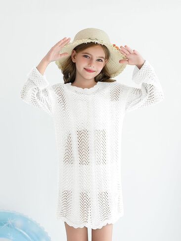 Haloumoning Girls Crochet Swim Cover up Kids Beach Summer Long Sleeve Hollow Out Coverup 5-14 Years in Saudi Arabia