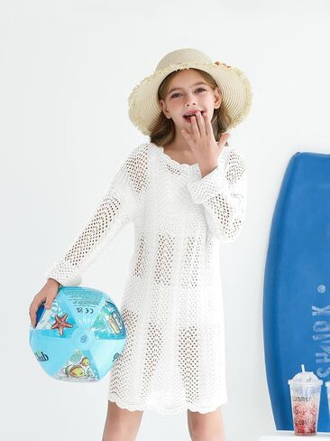 Haloumoning Girls Crochet Swim Cover up Kids Beach Summer Long Sleeve Hollow Out Coverup 5-14 Years in Saudi Arabia