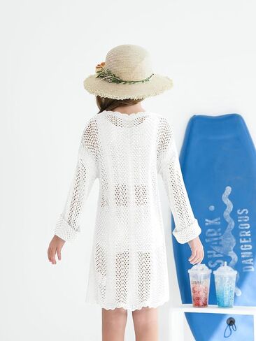 Haloumoning Girls Crochet Swim Cover up Kids Beach Summer Long Sleeve Hollow Out Coverup 5-14 Years in Saudi Arabia