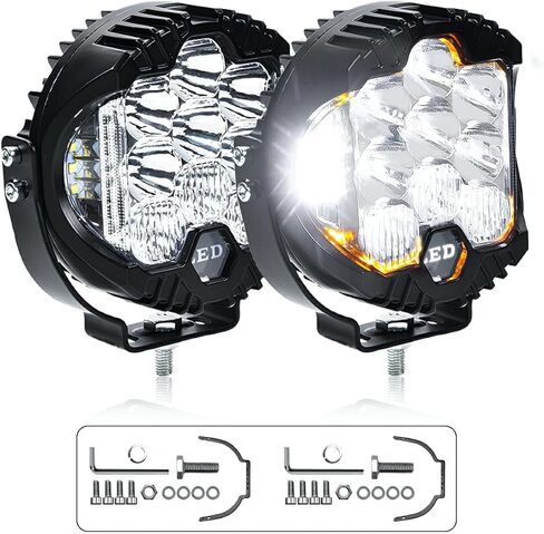 StoneBanks 5 بوصات LED مستديرة ضوء القرون، 200W 30000LM ضوء مطلق النار الجانبي مع العنبر DRL، 270 درجة واسعة النطاق الأبيض / العنبر ضوء الضباب هايبر سبوت شعاع الطرق الوعرة أضواء القيادة لشاحنة السيارة، 2 حزمة in Kuwait