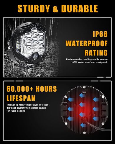 StoneBanks 5 بوصات LED مستديرة ضوء القرون، 200W 30000LM ضوء مطلق النار الجانبي مع العنبر DRL، 270 درجة واسعة النطاق الأبيض / العنبر ضوء الضباب هايبر سبوت شعاع الطرق الوعرة أضواء القيادة لشاحنة السيارة، 2 حزمة in Kuwait