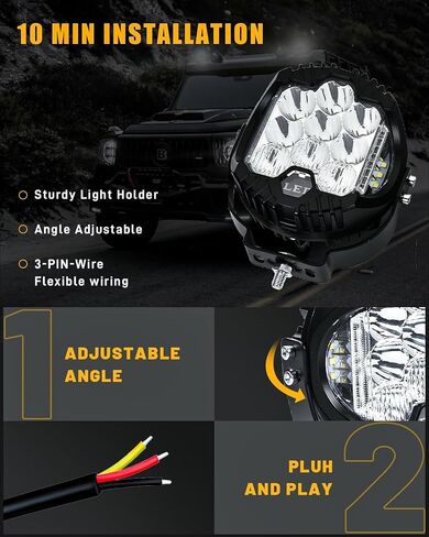 StoneBanks 5 بوصات LED مستديرة ضوء القرون، 200W 30000LM ضوء مطلق النار الجانبي مع العنبر DRL، 270 درجة واسعة النطاق الأبيض / العنبر ضوء الضباب هايبر سبوت شعاع الطرق الوعرة أضواء القيادة لشاحنة السيارة، 2 حزمة in Kuwait