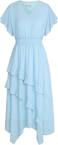 GRACE KARIN Women's Casual Summer Dresses V Neck Flutter Ruffle Short Sleeve Dresses 2025 Empire High Waist Flowy Midi Dress in Kuwait