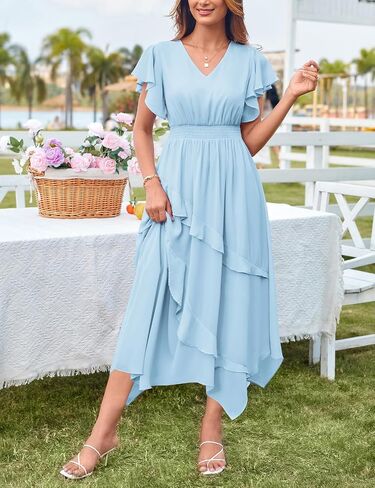 GRACE KARIN Women's Casual Summer Dresses V Neck Flutter Ruffle Short Sleeve Dresses 2025 Empire High Waist Flowy Midi Dress in Kuwait