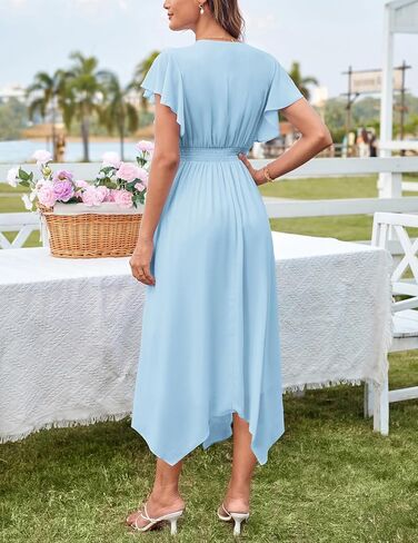 GRACE KARIN Women's Casual Summer Dresses V Neck Flutter Ruffle Short Sleeve Dresses 2025 Empire High Waist Flowy Midi Dress in Kuwait