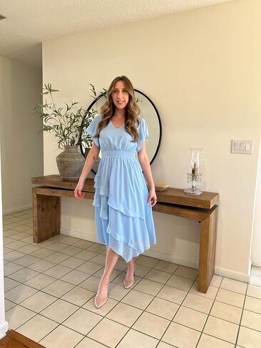 GRACE KARIN Women's Casual Summer Dresses V Neck Flutter Ruffle Short Sleeve Dresses 2025 Empire High Waist Flowy Midi Dress in Kuwait