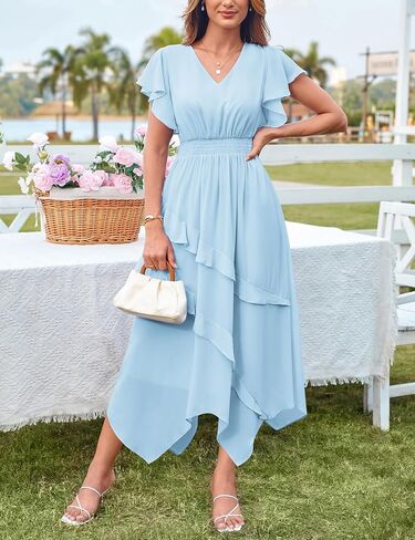 GRACE KARIN Women's Casual Summer Dresses V Neck Flutter Ruffle Short Sleeve Dresses 2025 Empire High Waist Flowy Midi Dress in Kuwait