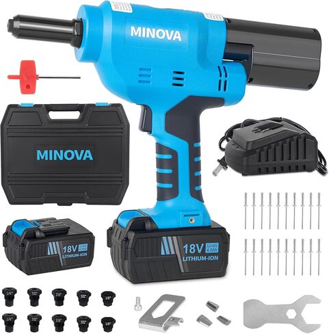 Minova Brushless Rivet Gun, Cordless Rivet Tool compatible with 1/4"(6.4mm) Stainless Steel Rivets, Automatic Rivet Recoil with 18V 4.0Ah Battery(2pcs) 1 Charger, Carrying Case in Saudi Arabia