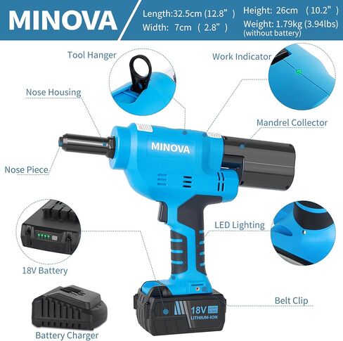 Minova Brushless Rivet Gun, Cordless Rivet Tool compatible with 1/4"(6.4mm) Stainless Steel Rivets, Automatic Rivet Recoil with 18V 4.0Ah Battery(2pcs) 1 Charger, Carrying Case in Saudi Arabia