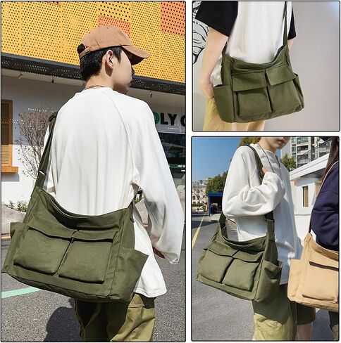 Canvas Messenger Bag, Large Casual Hobo Crossbody Handbags Vintage Shoulder Tote with Multiple Pockets for Women and Men in Saudi Arabia