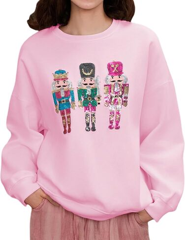 Aonoapll Women Sequin Nutcracker Sweatshirt Cute Holiday Oversized Pullover Sparkly Christmas Long Sleeve Crewneck Shirt in Kuwait