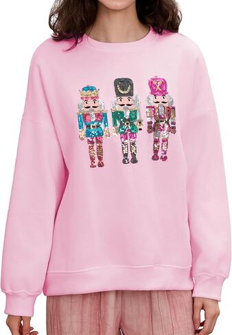 Aonoapll Women Sequin Nutcracker Sweatshirt Cute Holiday Oversized Pullover Sparkly Christmas Long Sleeve Crewneck Shirt in Kuwait