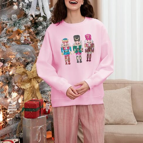 Aonoapll Women Sequin Nutcracker Sweatshirt Cute Holiday Oversized Pullover Sparkly Christmas Long Sleeve Crewneck Shirt in Kuwait