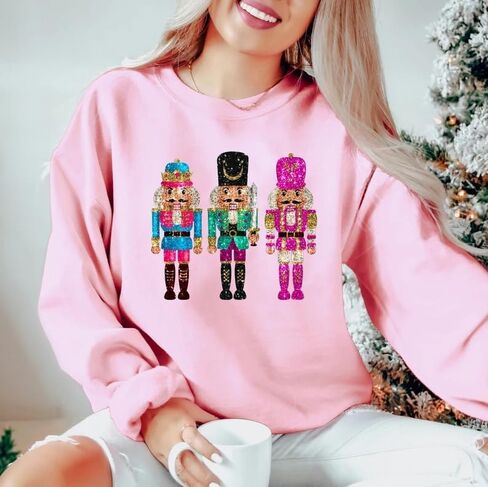 Aonoapll Women Sequin Nutcracker Sweatshirt Cute Holiday Oversized Pullover Sparkly Christmas Long Sleeve Crewneck Shirt in Kuwait