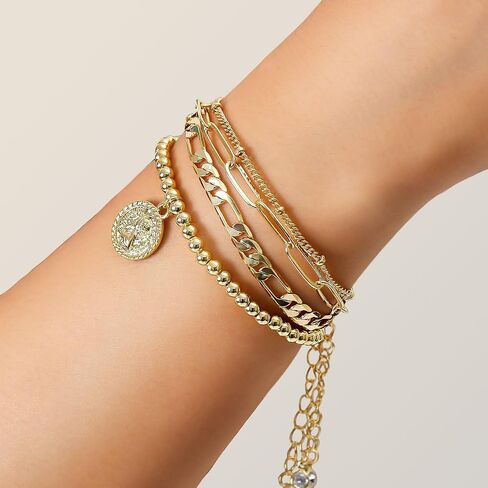 مجموعة أساور سلسلة ذهبية رائعة للنساء، أساور سلسلة ربط مطلية بالذهب الحقيقي عيار 18 قيراط للنساء أساور ذهبية عصرية قابلة للتكديس لهدايا المجوهرات للنساء قابلة للتعديل in Saudi Arabia