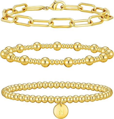 Wowshow Gold Bracelets for Women Strand Gold Beaded Bracelets for Women Initial Bracelet with A-Z Letter Gold Bracelet Stack Set 14K Gold Plated Bead Ball Bracelet Gold Jewelry Gifts for Women in Kuwait