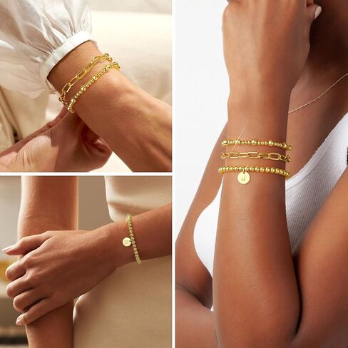 Wowshow Gold Bracelets for Women Strand Gold Beaded Bracelets for Women Initial Bracelet with A-Z Letter Gold Bracelet Stack Set 14K Gold Plated Bead Ball Bracelet Gold Jewelry Gifts for Women in Kuwait