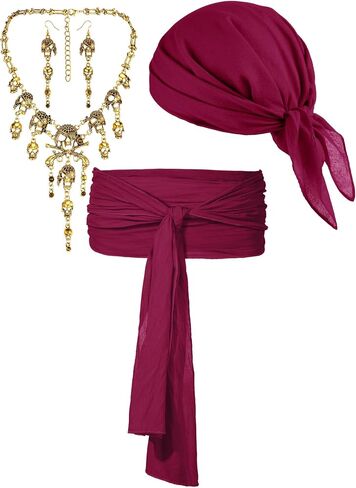 4 Pieces Pirate Costume Women Pirate Hat Pirate Head Scarf Pirate Sash Belt Necklace Earrings Pirate Accessories in Kuwait